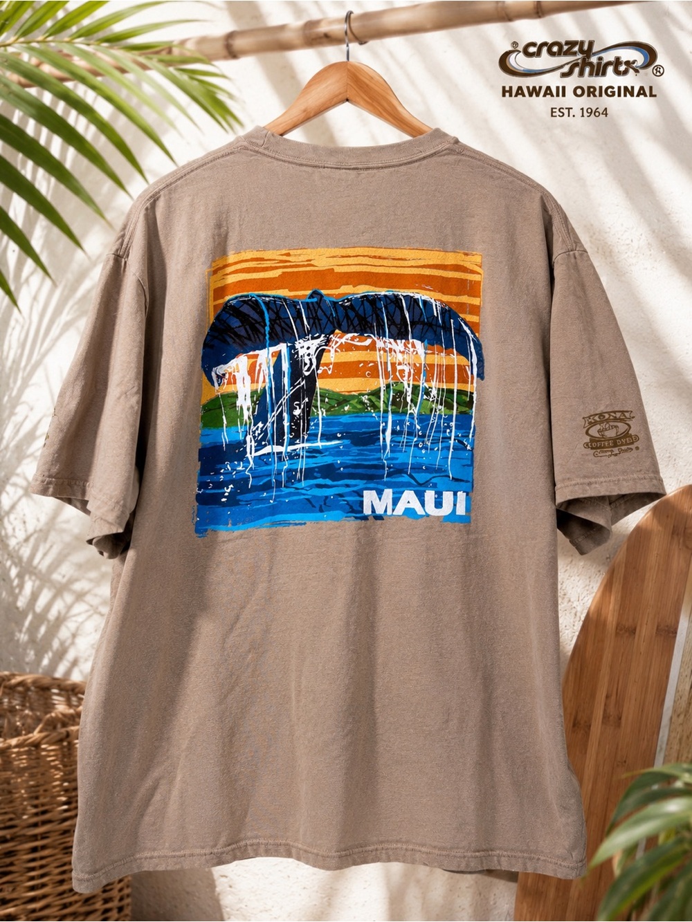 Crazy Shirts Maui Whale Tail Graphic T-Shirt XL Hawaii Coffee Dyed Tan Tee